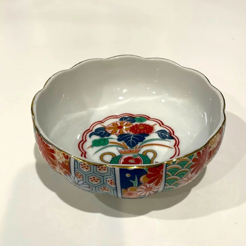 Vintage Arita Imari Fan Japanese Porcelain Candy Dish Bowl Scalloped Edge EUC